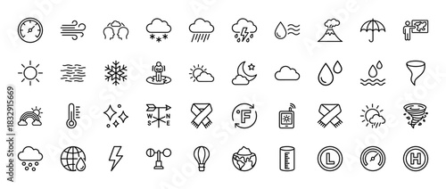 Weather and meteorology line icon set. Vector pictograms of wind, rain, sun, snow, thermometer, and tornado, thin linear illustration.