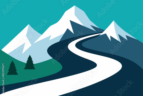 Stylized mountain landscape with a winding road and snow capped peaks