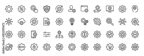 Technology and settings line icon set. Vector pictograms of configuration, customization, development, security, and integration, thin linear illustration.