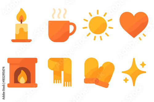 Cozy Warmth Icons. Cozy Warmth Icons set flat icon set: candle flame, steaming mug, glowing sun, heart glow, fireplace, scarf, mittens, sparkle