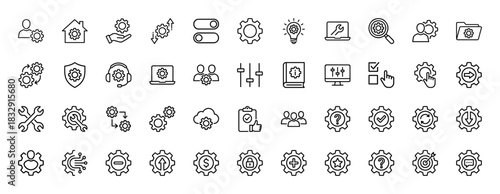 Technology and settings line icon set. Vector pictograms of gear, management, optimization, maintenance, and innovation, thin linear illustration.
