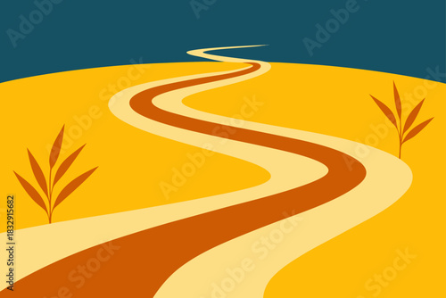 Stylized winding road through a golden field under a dark sky