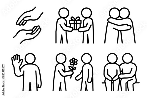 Icons of Kindness. Acts of Kindness Set linear icon set: helping hand, shared gift, supportive hug, friendly wave, offering flower, comforting gesture