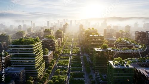 Aerial View of Futuristic Sustainable Green City with Eco-Friendly Buildings and Parks at Sunrise isolated PNG with Transparent Background