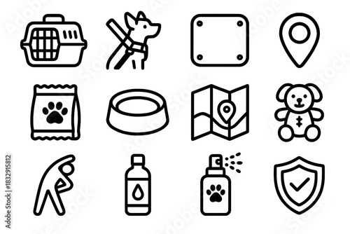 Pet Travel Essentials. Road Trip Pet Prep Icons linear icon set: secured crate, seatbelt harness, window shade, rest-stop marker, pet snack pack, spill-proof bowl, travel map