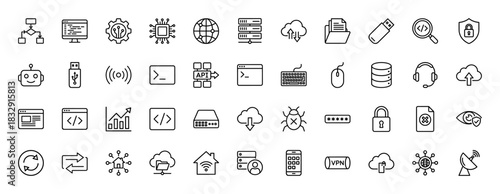 Technology and programming line icon set. Vector pictograms of server, cloud, database, coding, and security, thin linear illustration.