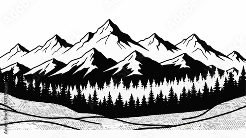 Black and white mountain range with a dense pine forest illustration.