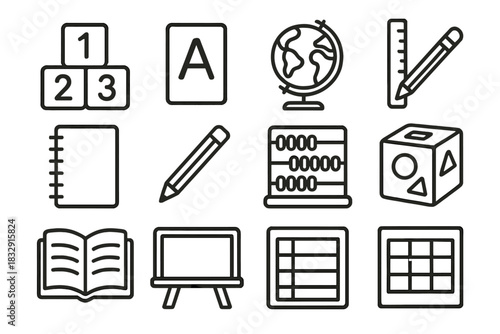 Educational Tools Array. Children Learning Set linear icon set: number blocks, alphabet card, globe, ruler, notebook, pencil, flashcard, counting beads, shape sorter, storybook