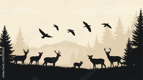 Silhouette of a Deer Herd in a Forest Landscape.