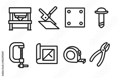 Sheet Metal Icons. Sheet Metal Work linear icon set: bending machine, cutter, sheet plate, rivet, clamp, blueprint, measuring tape, pliers