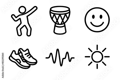 Zumba Icon Set. Zumba Energy linear icon set: instructor pose, tropical drum, smiling face, dance shoes, rhythm wave, sun icon
