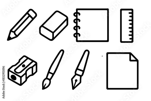 Drawing Tools Icons. Drawing Essentials linear icon set: pencil, eraser, sketchbook, ruler, sharpener, brush, ink pen, paper sheet