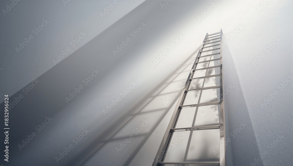 Fototapeta premium Silver Ladder Reaching Up to Bright Light in Minimalist Space