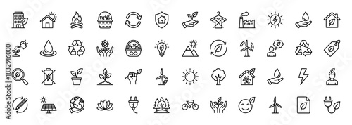 Ecology and environment line icon set. Vector pictograms of plant in hand, recycle, sun energy, and eco house, thin linear illustration.