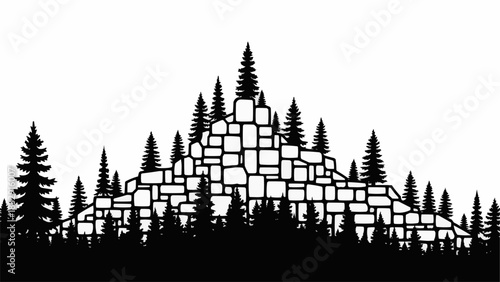 Stylized Mountain Peak Made of Blocks with Pine Trees Silhouette.