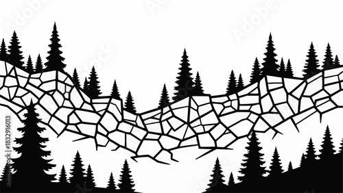 Cracked Earth with Pine Trees Silhouette.