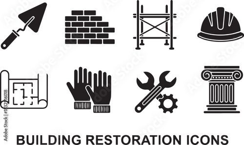 Building Restoration Construction Icons Set Keywords: trowel, brick wall, scaffolding, hard hat