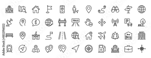 Navigation and map line icon set. vector pictograms of location pin, route, compass, and transport modes, thin linear illustration.