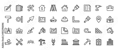 Construction and architecture line icon set. Vector pictograms of house, drill, blueprint, trowel, and crane, thin linear illustration.