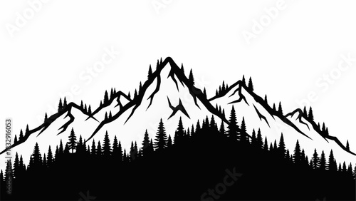 Majestic mountain range silhouette with dense forest below a bright sky.