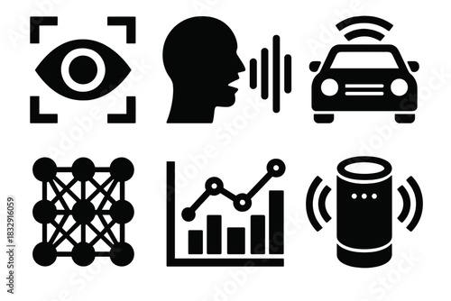 Brutalist Tech Icons. Applied Deep Learning silhouette icon set. image recognition, speech analysis, autonomous vehicle, NLP model, predictive analytics, smart assistant.