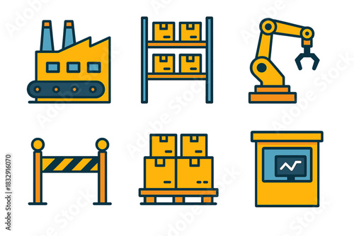 Minimal Factory Icons. Mass Production Systems Environment flat icon set: factory floor, storage rack, robotic arm, safety barrier, supply pallet, monitoring booth