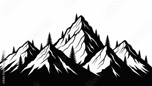 Monochrome illustration of a majestic mountain range with pine trees.