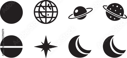 Celestial bodies and star icons in black and white