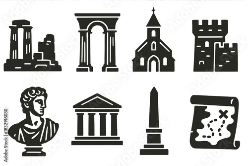Brutalist Landmark Icons. Historic Landmarks silhouette icon set: ancient ruins, column arch, old church, fortress, sculpture, museum building, monument, vintage map