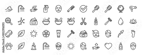 Beauty and spa line icon set. Vector pictograms of shower, comb, lotion, mask, cream, razor, foot, and leaf, thin linear illustration.