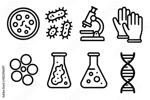 Microbiology Icon Collection. Laboratory Microbiology linear icon set: petri dish, bacterial culture, microscope focus, lab gloves, cell cluster, bio sample, chemical flask, DNA