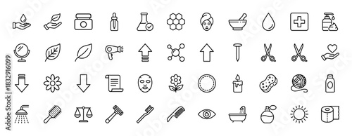 Beauty and self-care line icon set. Vector pictograms of jar, comb, shower, bath, and razor, thin linear illustration.