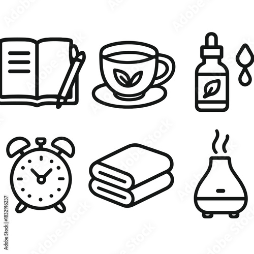 Daily Wellness Icons. Daily Rituals linear icon set: journal, herbal tea, essential oil, clock, folded towel, diffuser