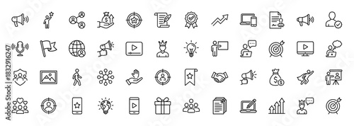 Marketing and business line icon set. Vector pictograms of megaphone, target, handshake, star, and crown, thin linear illustration.