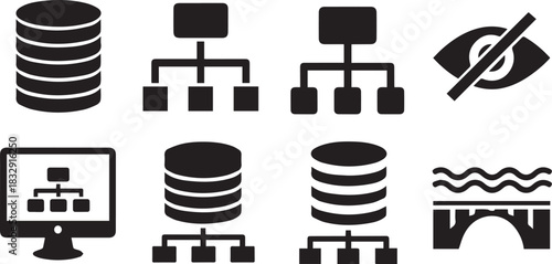 Database and network icons with bridge and eye symbols