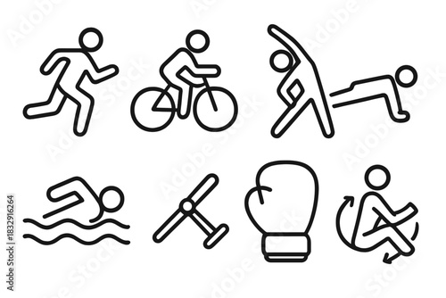Fitness Icon Set. Fitness Activities linear icon set: running figure, cycling icon, stretching pose, push-up figure, swimming icon, rowing handle, boxing glove, core twist icon