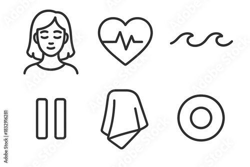 Emotional Reset Icons. Emotional Reset Practices linear icon set: soft gaze, calm heartbeat, soothing wave, pause symbol, comfort blanket fold, centered circle