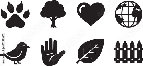 Nature and environmental icons including paw print and tree