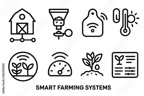 Smart Farming Icons. Smart Farming Systems linear icon set: connected barn, automated feeder, livestock tracker tag, climate sensor, data sync waves, crop health icon, efficiency