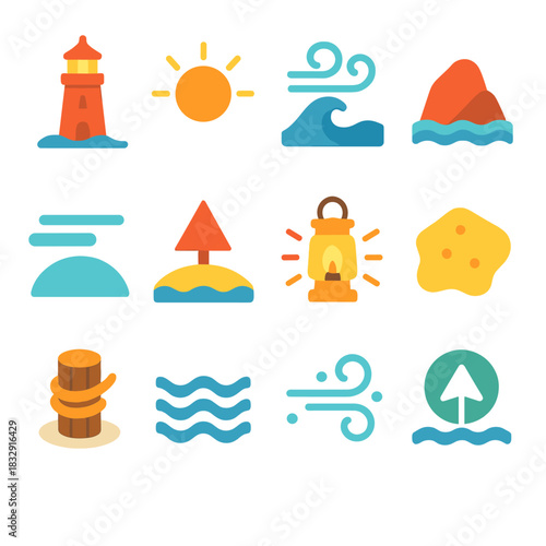 Vibrant Seaside Icons. Seaside Guide Symbols flat icon set: coastal tower, shining lens, windy wave, harbor rock, sky haze, beacon point, lantern spark, sand patch, mooring post