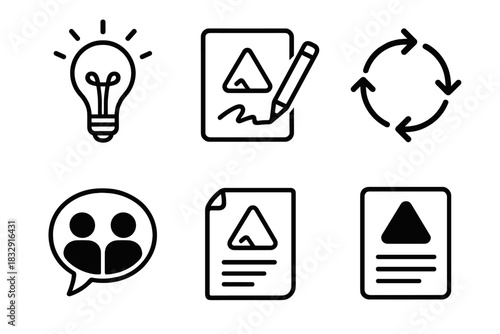 Creative Process Icons. Creative Work Processes Set linear icon set: idea spark, sketch page, workflow arrows, collaboration bubble, draft sheet, final output block