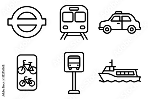 London Transport Icons. London Transport Set linear icon set: subway symbol, train car, taxi silhouette, bike lane icon, bus stop sign, river ferry