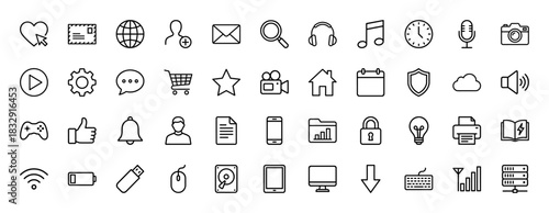User interface and technology line icon set. Vector pictograms of mail, camera, settings, chat, wifi, battery, computer, phone, and server, thin linear illustration.