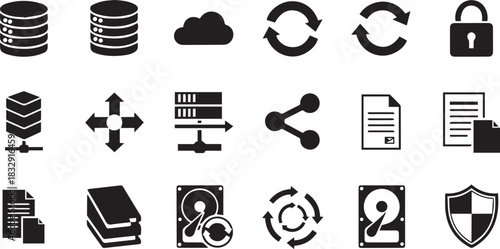 Technology and Data Icons Set on White Background Keywords: technology, data, icon, set