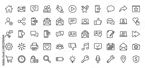 Social media and interface line icon set. Vector pictograms of chat, user, heart, email, like, share, calendar, camera, cart and settings, thin linear illustration.