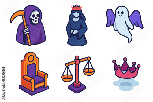 Isometric Divine Icons. Divine Figures flat icon set: god of death, queen of the underworld, messenger spirit, judge throne, soul balance scale, spectral crown