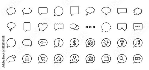 Communication and user interface line icon set. Vector pictograms of speech bubbles, notification, shopping, and settings, thin linear illustration.