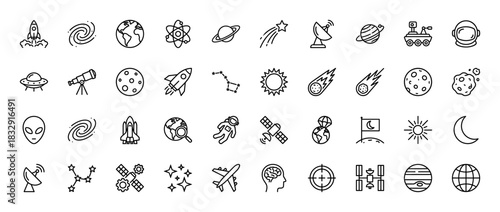 Space and astronomy line icon set. Vector pictograms of rocket, planet, astronaut, galaxy, telescope, satellite, alien, ufo, sun, moon, stars, thin linear illustration.