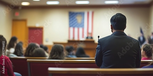 Migrant obtaining citizenship in courtroom with american flag