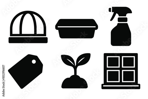 Brutalist Mini Greenhouse Icons. Mini Greenhouse silhouette icon set. dome cover, tray, mist bottle, label tag, seedling, window ledge